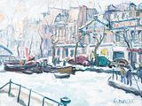 painting of a snowy scene of a city with boats on the water