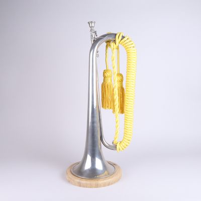 a silver trumpet with a yellow rope on it