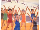 poster of a group of women dancing on a beach with mountains in the background