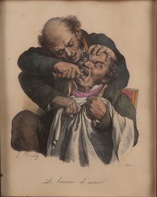 une vieille photo montrant un homme en train de se faire brosser les dents par un autre homme