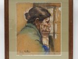 tableau représentant une femme regardant par la fenêtre, dans un cadre marron