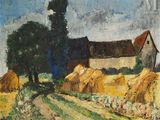 une image représentant un tableau illustrant une scène de vie à la ferme, avec des balles de foin et une grange