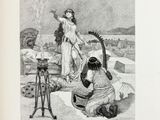 an old book with a drawing of a woman playing a musical instrument