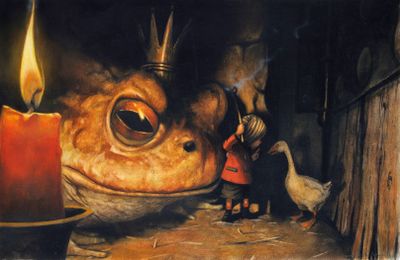 a painting of a frog with a crown on it ' s head next to a candle