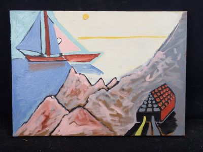 un tableau représentant un bateau sur l'eau, avec des montagnes en arrière-plan