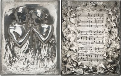 two pictures of a couple of angels sitting on top of a sheet of music