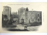 an old photo of a group of people riding horses in front of a castle