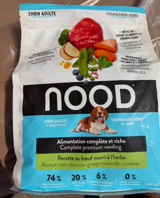 a bag of nood dog food with a dog ' s face