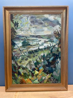 une peinture représentant une peinture d'un paysage avec des arbres au premier plan