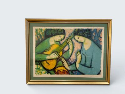 painting of a woman playing a guitar and a man sitting on a couch