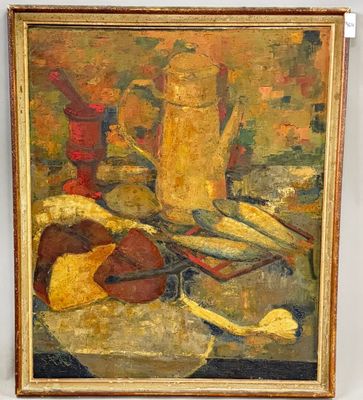 une peinture à l'huile représentant une nature morte composée de fruits et d'une cruche