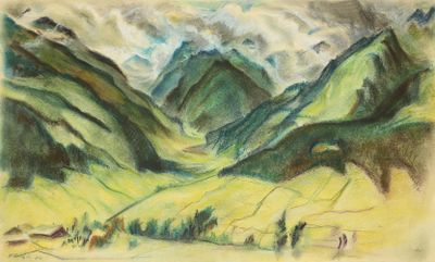 peinture représentant un paysage de montagne avec une vallée au premier plan