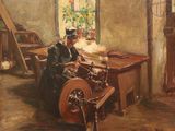 tableau représentant un homme travaillant sur un métier à filer dans une pièce
