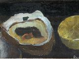 an oil painting of an oyster and a lemon on a black background