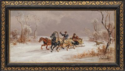 a painting of a group of people riding horses in the snow