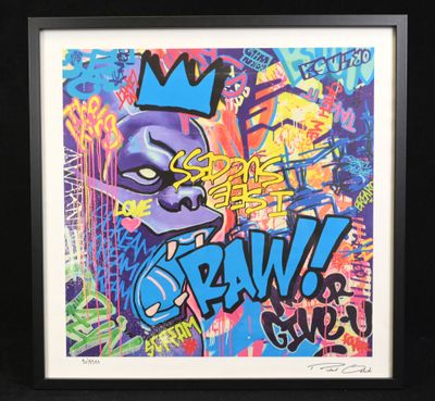 framed picture of graffiti art with a crown on top of it