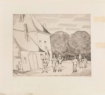 dessin d'un groupe de personnes devant un bâtiment