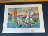 painting of boats in a harbor with a city in the background
