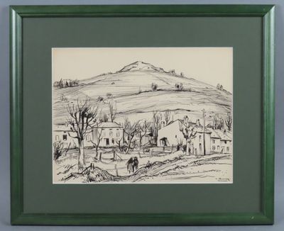 a drawing of a landscape with a mountain in the background