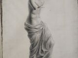 an old drawing of a woman standing on top of a wooden table