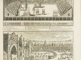 an old drawing of a large building with a lot of people in it