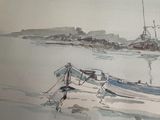 a picture of a painting of a boat in the water