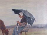 a painting of a woman sitting in a chair with an umbrella over her head