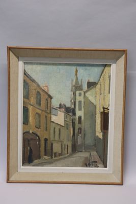 framed painting of a street scene with a church steeple in the background