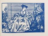 un dessin en bleu et blanc représentant une femme assise sur un canapé