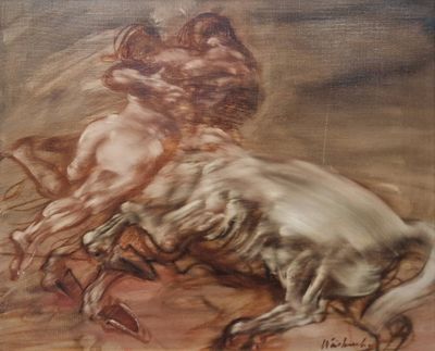 un tableau représentant un homme à cheval qui est en train de tomber par terre