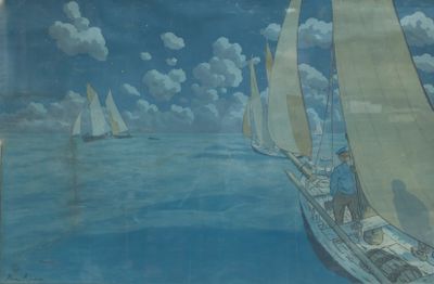 a picture of a painting of sailboats on the water