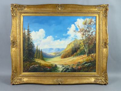 an oil painting of a mountain scene with a stream in the foreground