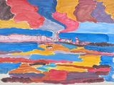 a picture of a painting of a boat on the water