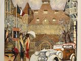 un tableau représentant une femme et une voiture devant un immeuble