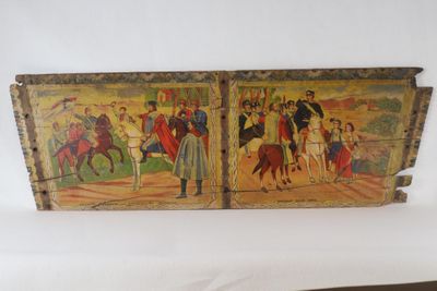 two paintings on the wall of a room with a bed
