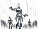 dessin représentant un homme tenant une arme à feu sous la pluie, entouré d'autres personnes