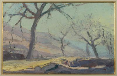 an image of a painting of a landscape with trees in the foreground