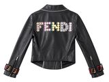 a black leather jacket with the word ' girls ' written on it