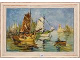une peinture à l'huile représentant des bateaux dans un port, avec un phare en arrière-plan