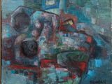 peinture représentant une voiture rouge sur fond bleu