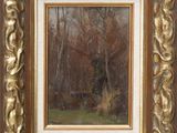 a painting of a wooded landscape with trees in the background