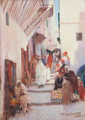 painting of a street scene with people walking and sitting on the steps