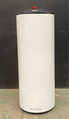 a white water heater sitting on top of a tiled floor