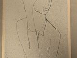 drawing of a woman sitting on a chair with her hand on her head
