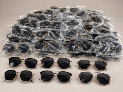 plusieurs paires de lunettes de soleil sont emballées dans des sacs en plastique sur une table