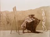 drawing of a man sitting in a chair next to a painting easel and another man standing in the background