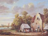 painting of a group of people outside of a building with a river in the background