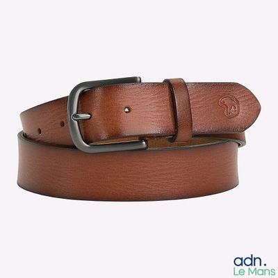 brown leather belt with a metal buckle on a white background