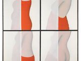 four different pictures of a woman in a red bikini top