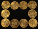 six gold sovereigns of various sizes and shapes